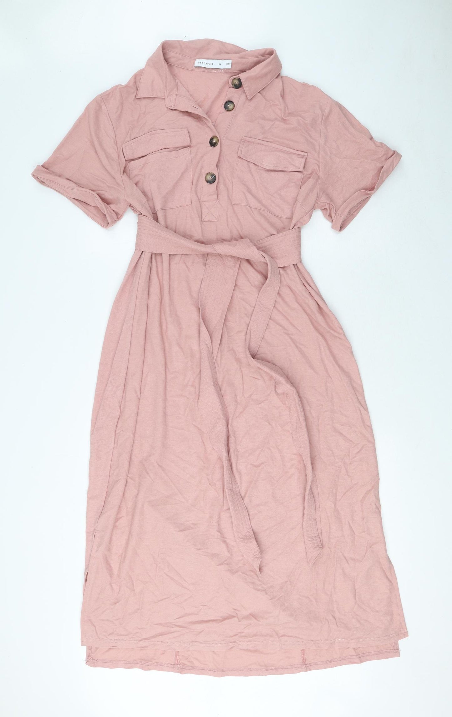 Warehouse Womens Pink Viscose Shirt Dress Size 14 Collared Button - Split side, Tie waist