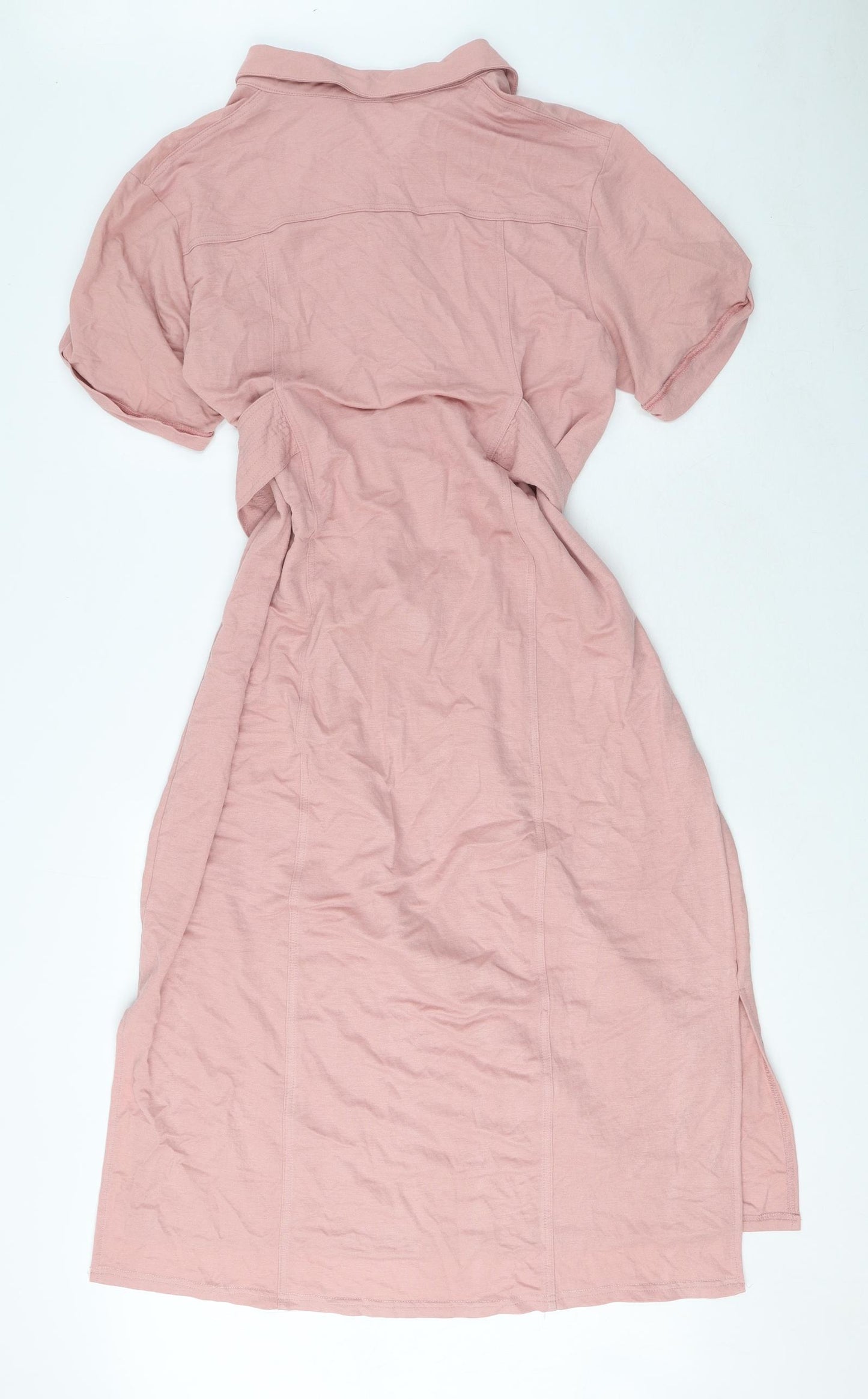 Warehouse Womens Pink Viscose Shirt Dress Size 14 Collared Button - Split side, Tie waist