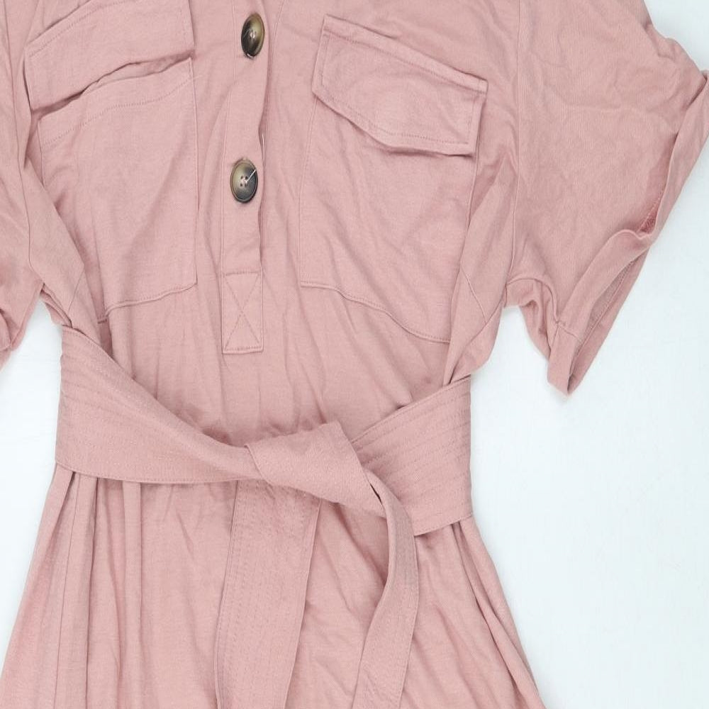 Warehouse Womens Pink Viscose Shirt Dress Size 14 Collared Button - Split side, Tie waist