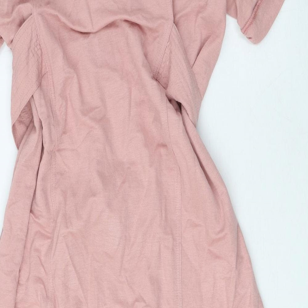 Warehouse Womens Pink Viscose Shirt Dress Size 14 Collared Button - Split side, Tie waist