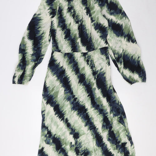 Marks and Spencer Womens Green Geometric Viscose A-Line Size 8 Round Neck Button - Elasticated waist and cuffs