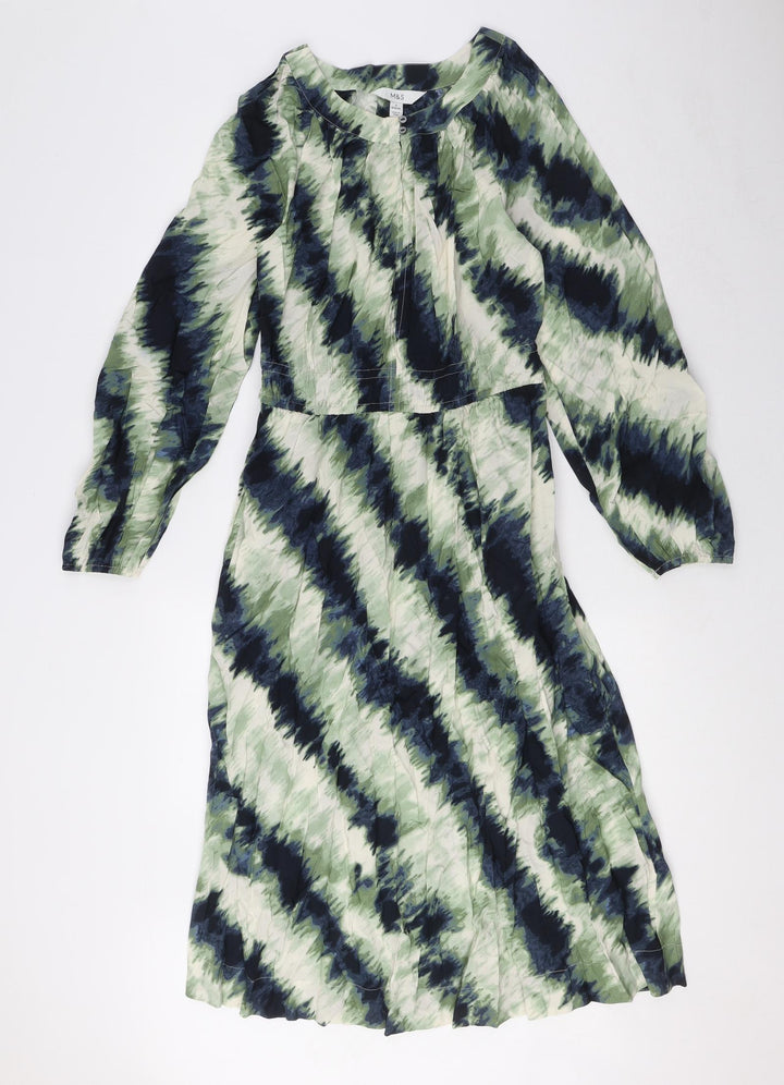 Marks and Spencer Womens Green Geometric Viscose A-Line Size 8 Round Neck Button - Elasticated waist and cuffs