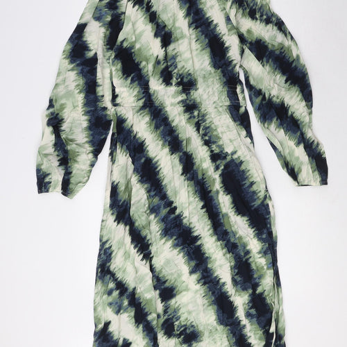 Marks and Spencer Womens Green Geometric Viscose A-Line Size 8 Round Neck Button - Elasticated waist and cuffs
