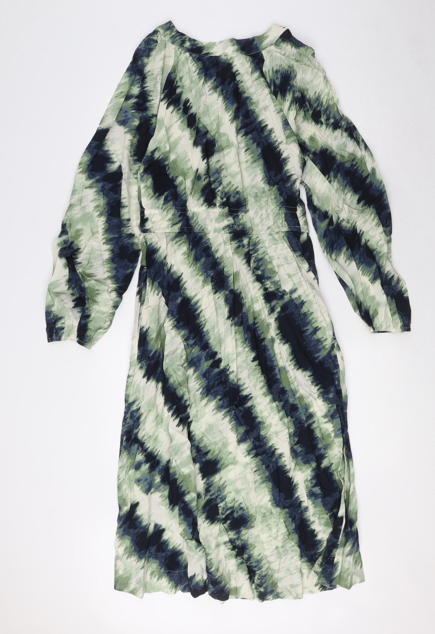 Marks and Spencer Womens Green Geometric Viscose A-Line Size 8 Round Neck Button - Elasticated waist and cuffs