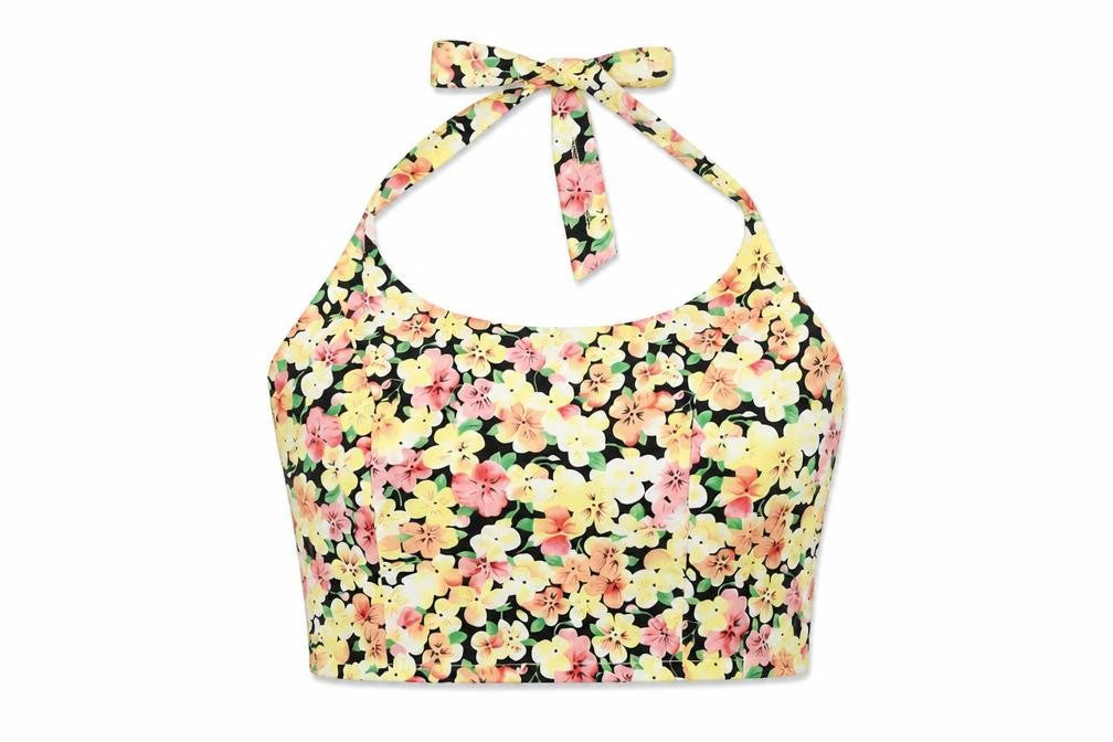 Front view of Gold women’s multicoloured floral polyester cropped tank, size UK 10, halter