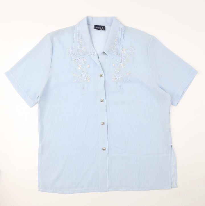 Saloos Womens Blue Striped Polyester Basic Button-Up Size 16 Collared - Embroidered flowers