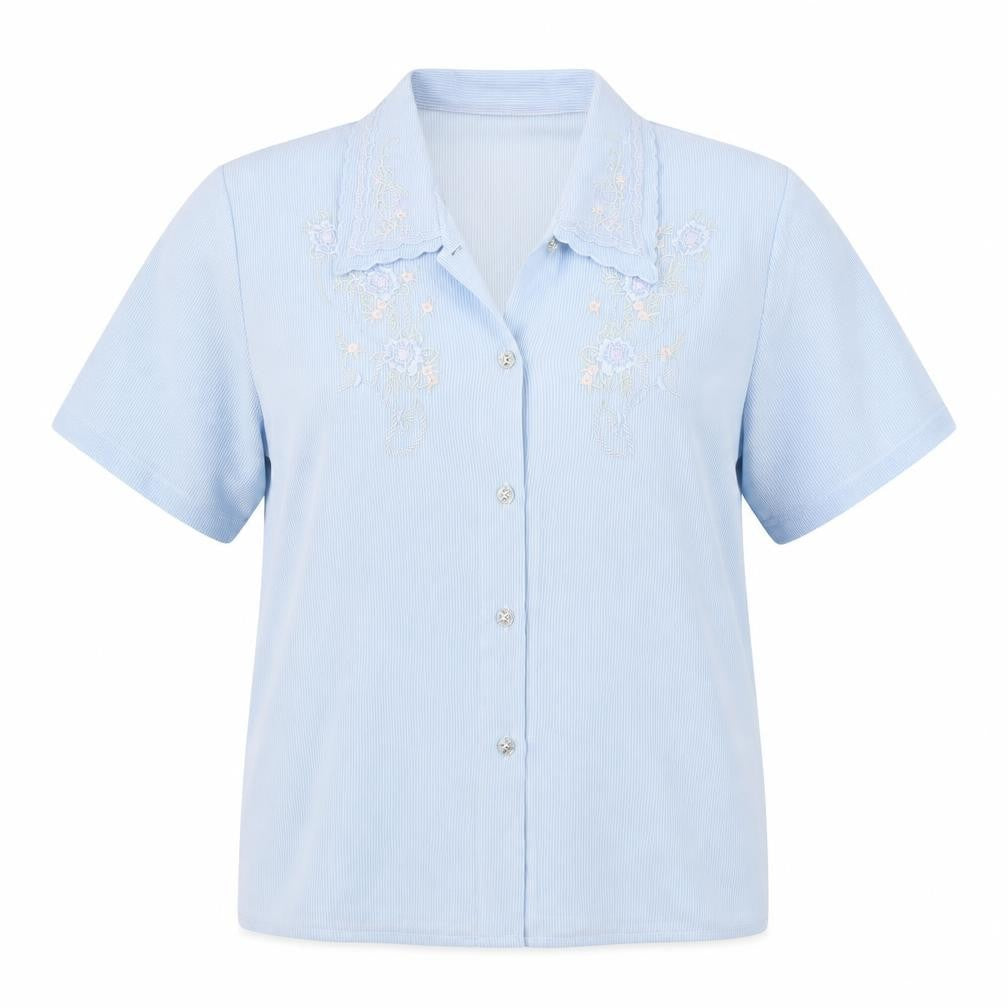 Front view of Saloos women’s blue striped polyester basic button-up, size UK 16, collared - embroidered flowers