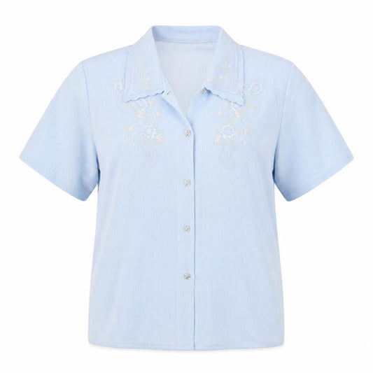 Front view of Saloos women’s blue striped polyester basic button-up, size UK 16, collared - embroidered flowers