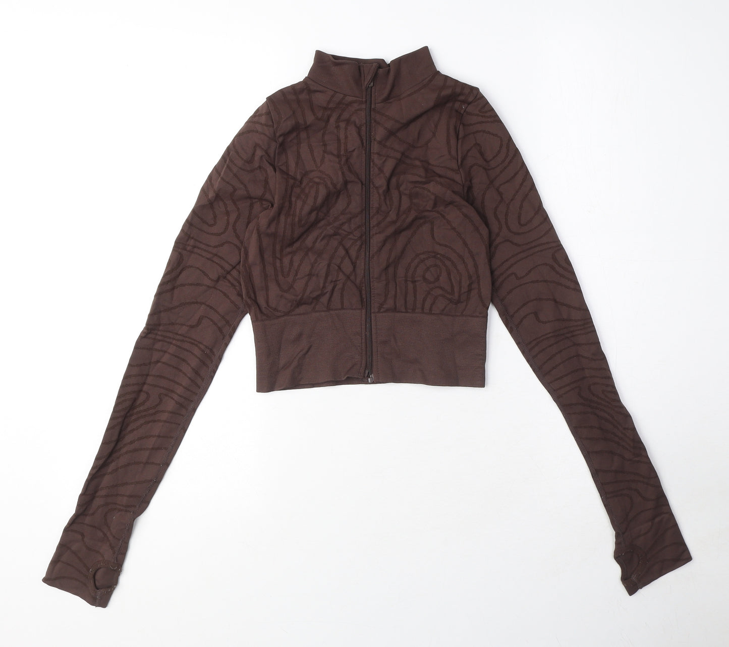 PRETTYLITTLETHING Womens Brown Geometric Nylon Cropped Casual Size M Mock Neck Zip - Swirl print, thumb holes