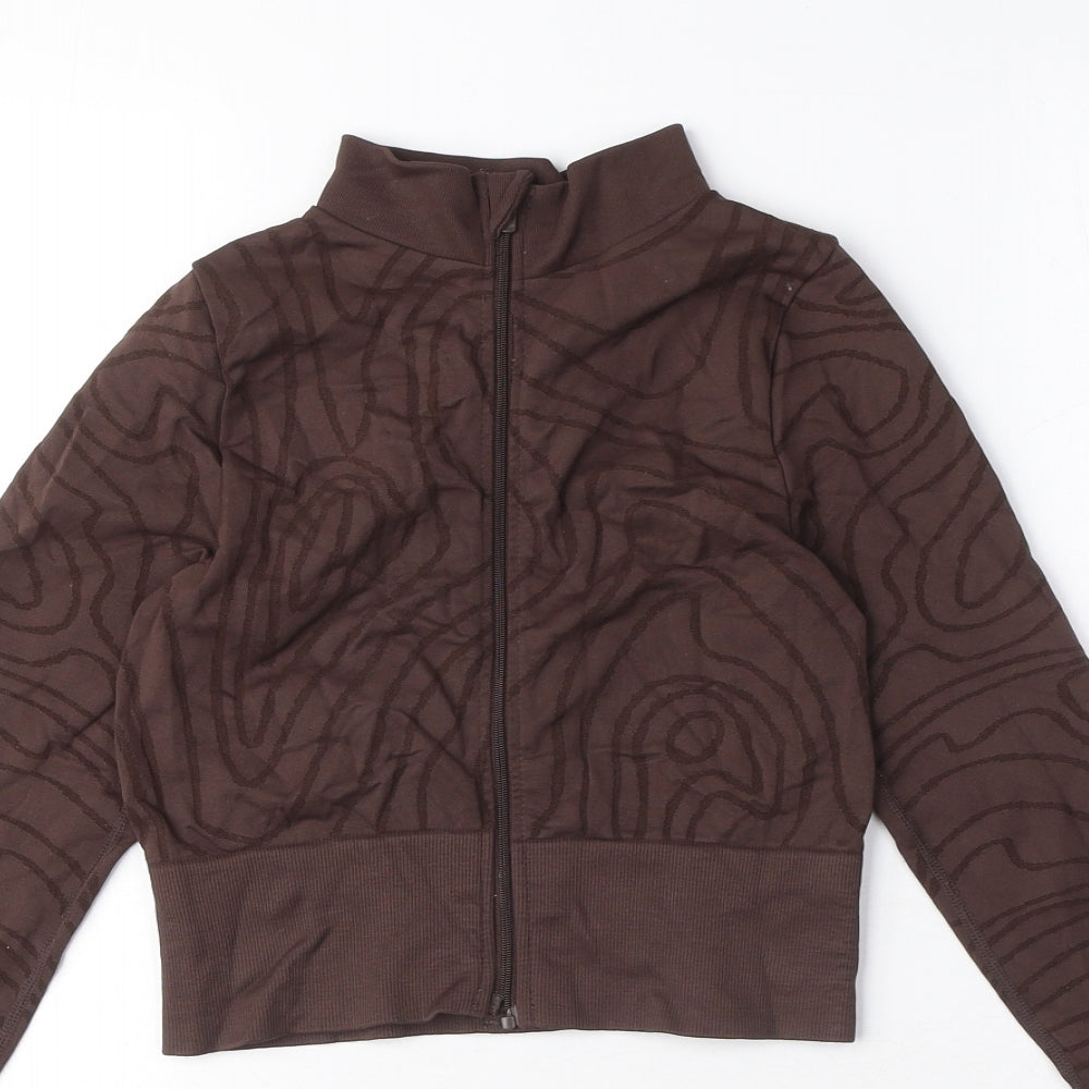PRETTYLITTLETHING Womens Brown Geometric Nylon Cropped Casual Size M Mock Neck Zip - Swirl print, thumb holes