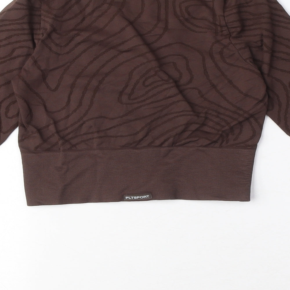 PRETTYLITTLETHING Womens Brown Geometric Nylon Cropped Casual Size M Mock Neck Zip - Swirl print, thumb holes