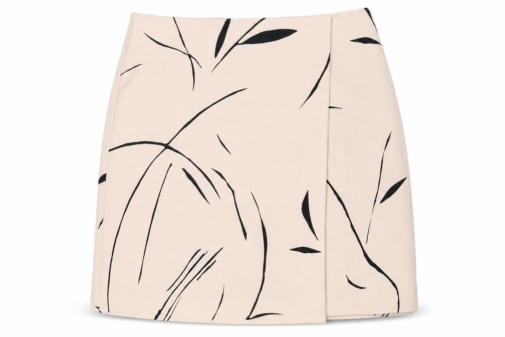 Front view of Keepsake women’s beige geometric polyester a-line skirt, size S, zip