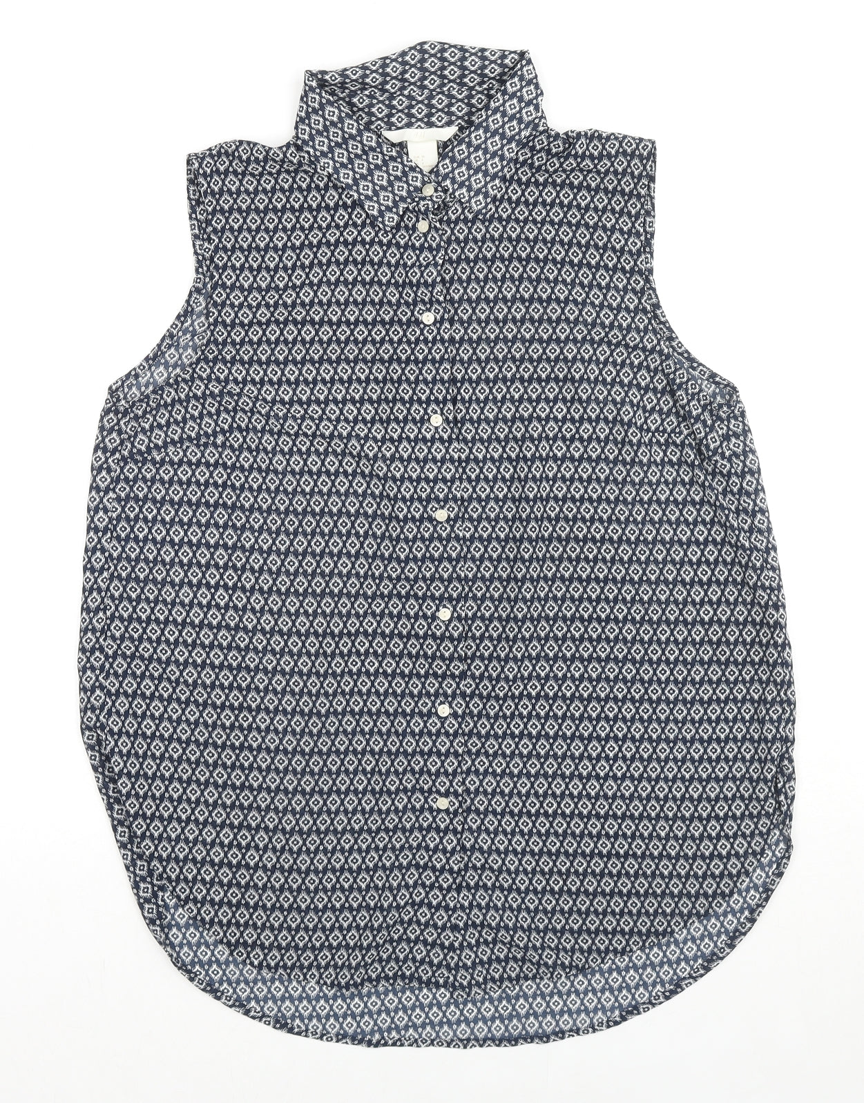 H&M Womens Black Geometric Polyester Basic Button-Up Size 8 Collared