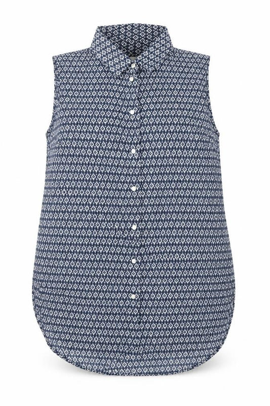 Front view of H&M women’s black geometric polyester basic button-up, size UK 8, collared