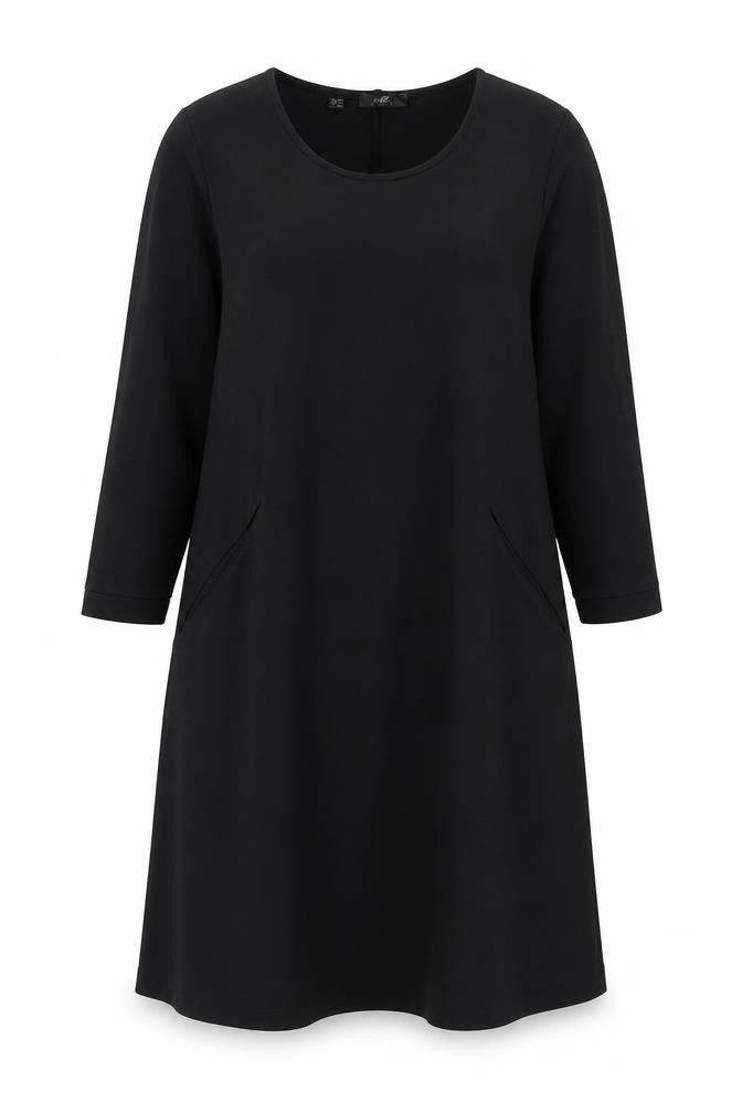 Front view of BPC Collection women’s black polyester a-line, size M, round neck pullover