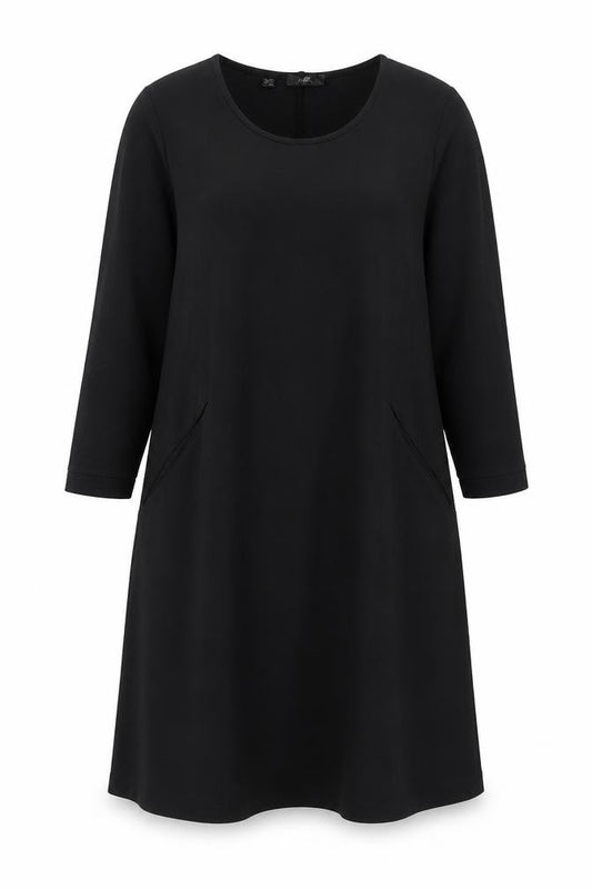 Front view of BPC Collection women’s black polyester a-line, size M, round neck pullover