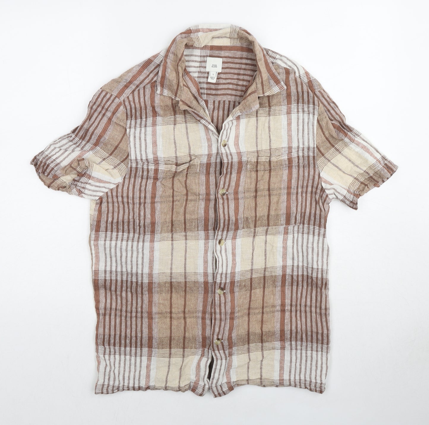 River Island Mens Beige Check Cotton Button-Up Size S Collared Button