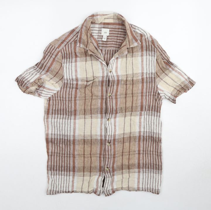 River Island Mens Beige Check Cotton Button-Up Size S Collared Button