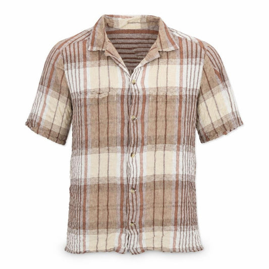 Front view of River Island men’s beige check cotton button-up, size S, collared button