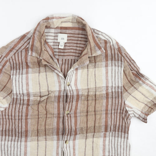 River Island Mens Beige Check Cotton Button-Up Size S Collared Button