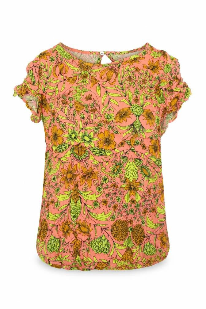 Front view of H&M women’s multicoloured floral viscose basic t-shirt, size UK 6, round neck
