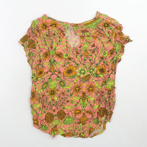 H&M Womens Multicoloured Floral Viscose Basic T-Shirt Size 6 Round Neck