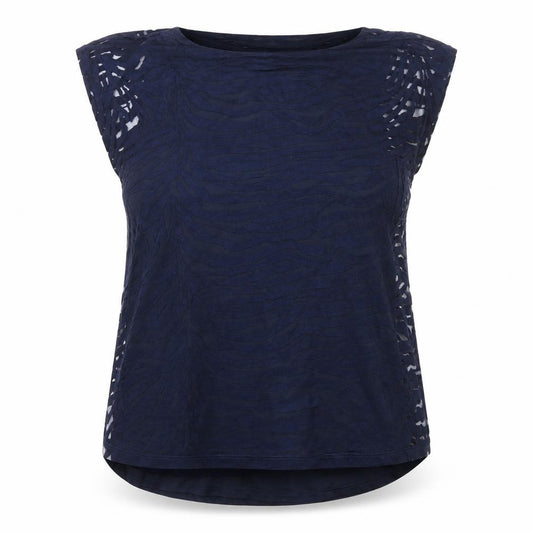 Front view of Soon women’s blue animal print viscose basic blouse, size UK 14, round neck