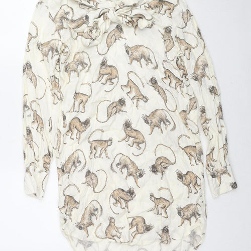 H&M Womens Beige Animal Print Viscose Tunic Button-Up Size 4 Collared - Monkey King