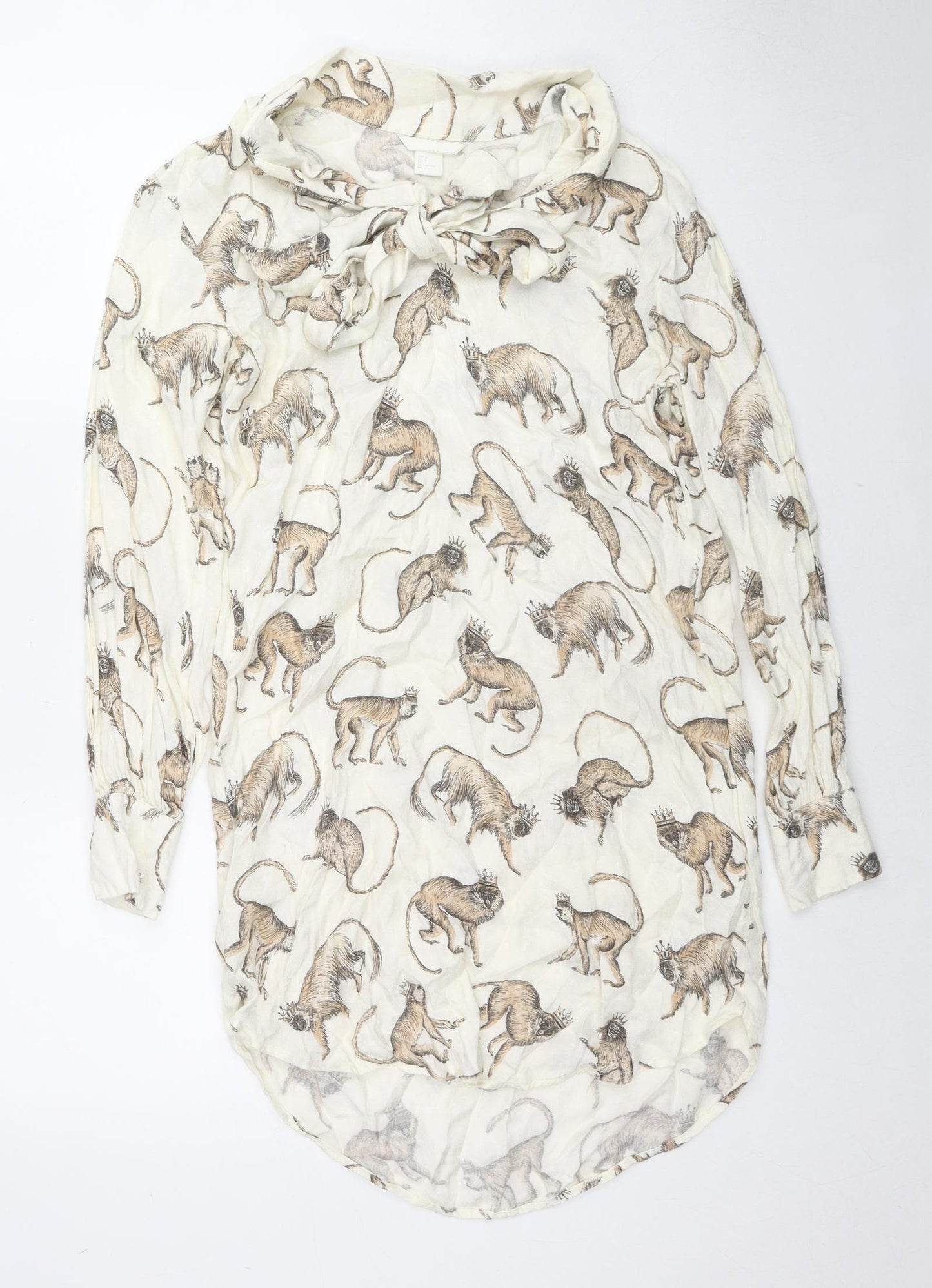 H&M Womens Beige Animal Print Viscose Tunic Button-Up Size 4 Collared - Monkey King
