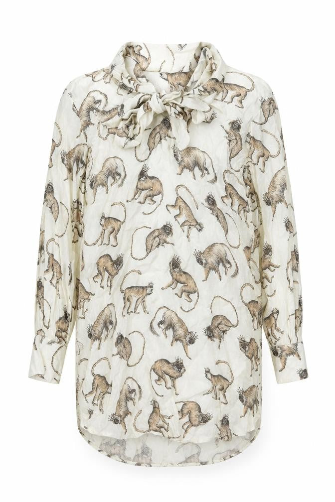 Front view of H&M women’s beige animal print viscose tunic button-up, size UK 4, collared - monkey king