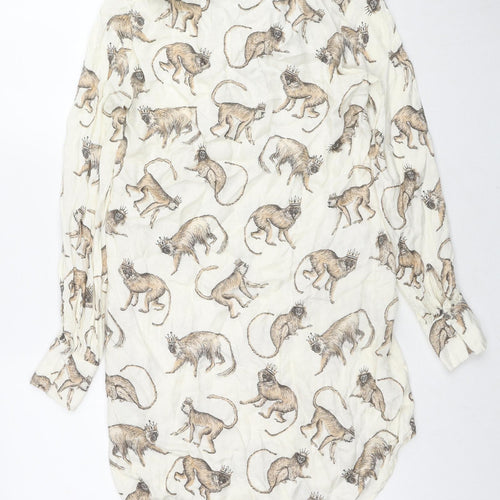 H&M Womens Beige Animal Print Viscose Tunic Button-Up Size 4 Collared - Monkey King