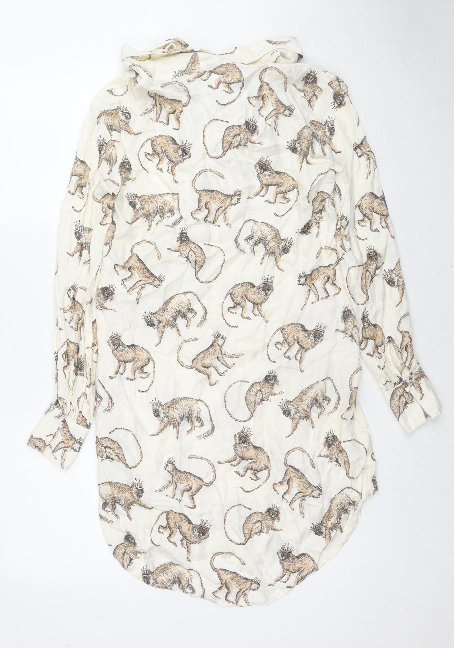H&M Womens Beige Animal Print Viscose Tunic Button-Up Size 4 Collared - Monkey King