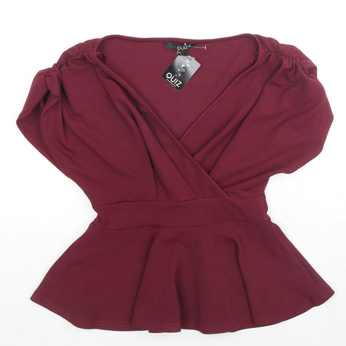 Quiz Womens Red Polyester Basic Blouse Size 8 V-Neck