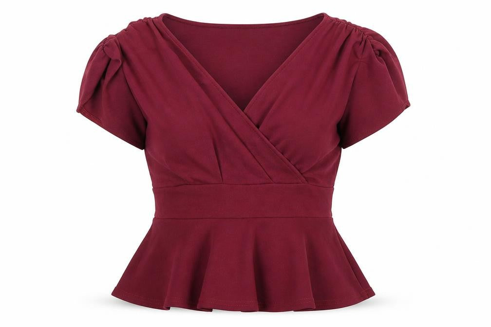 Front view of Quiz women’s red polyester basic blouse, size UK 8, v-neck