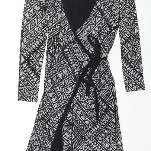 Marks and Spencer Womens Black Geometric Polyester Wrap Dress Size 10 V-Neck Pullover