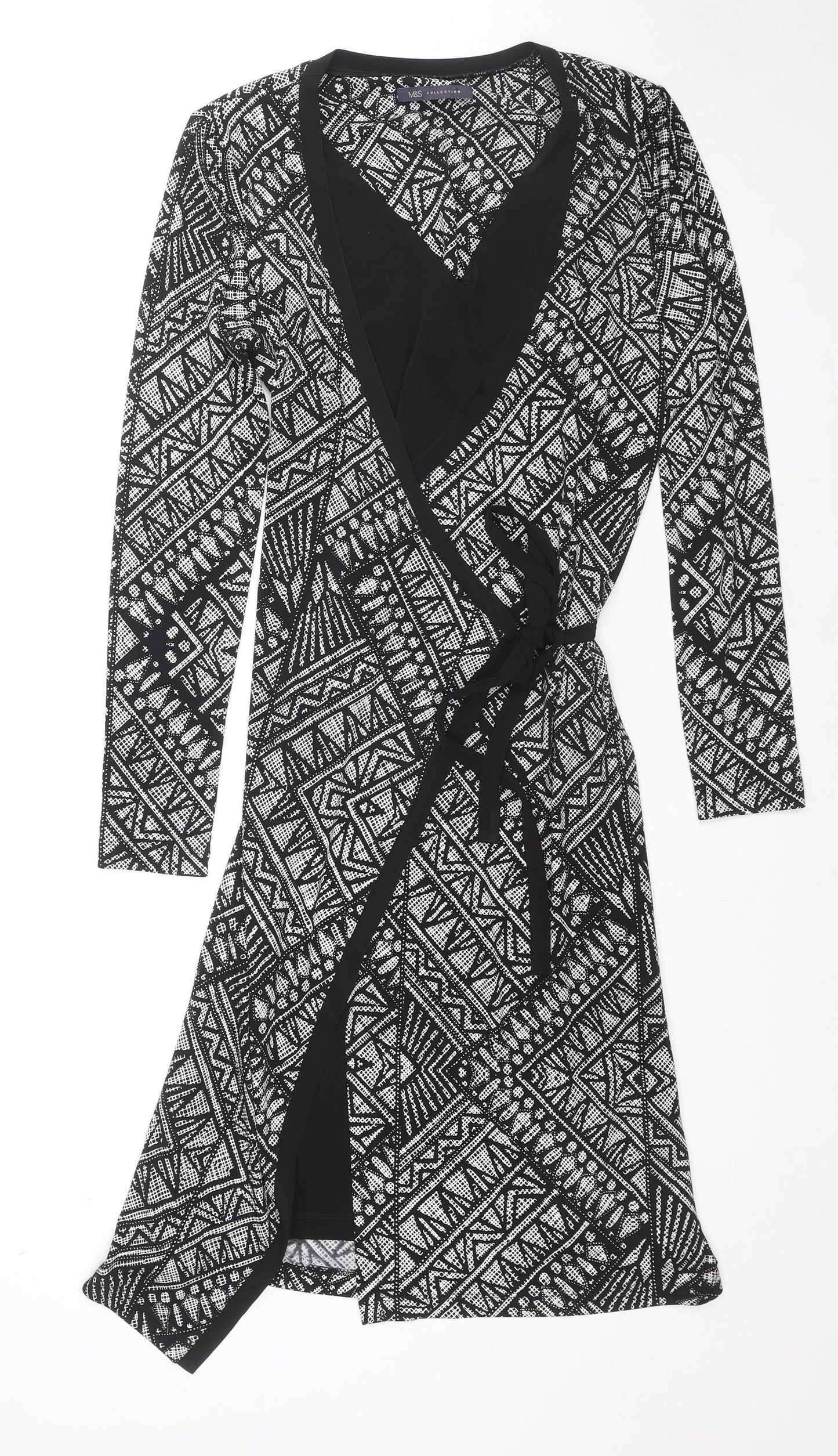 Marks and Spencer Womens Black Geometric Polyester Wrap Dress Size 10 V-Neck Pullover