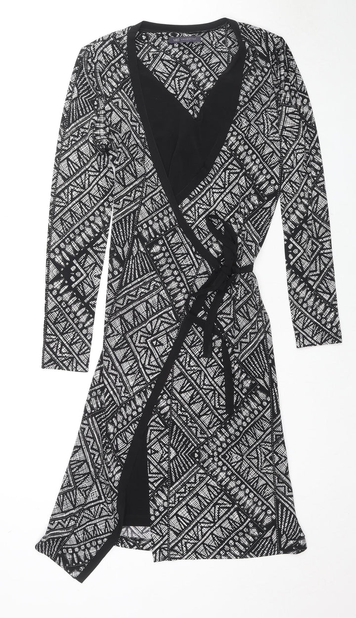 Marks and Spencer Womens Black Geometric Polyester Wrap Dress Size 10 V-Neck Pullover