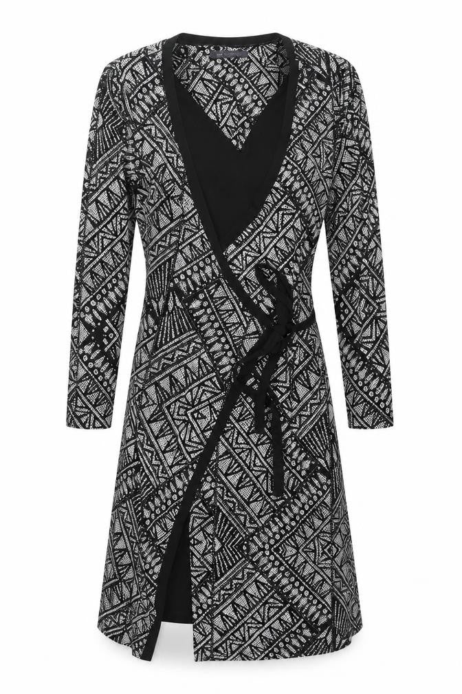 Front view of Marks & Spencer women’s black geometric polyester wrap dress, size UK 10, v-neck pullover