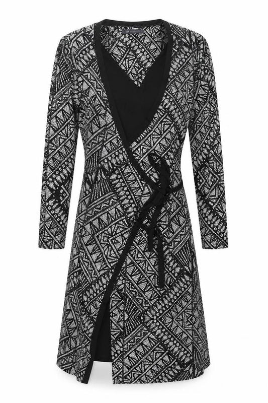 Front view of Marks & Spencer women’s black geometric polyester wrap dress, size UK 10, v-neck pullover
