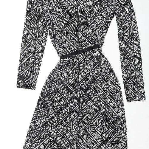 Marks and Spencer Womens Black Geometric Polyester Wrap Dress Size 10 V-Neck Pullover