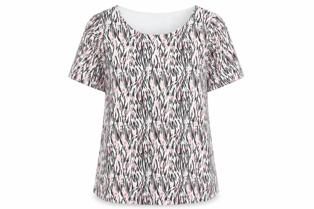 Front view of Bassini women’s multicoloured animal print polyester basic t-shirt, size M, round neck - zebra print