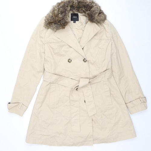 A&G Womens Beige Trench Coat Coat Size S Button - Faux Fur Trim