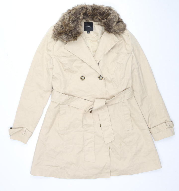 A&G Womens Beige Trench Coat Coat Size S Button - Faux Fur Trim