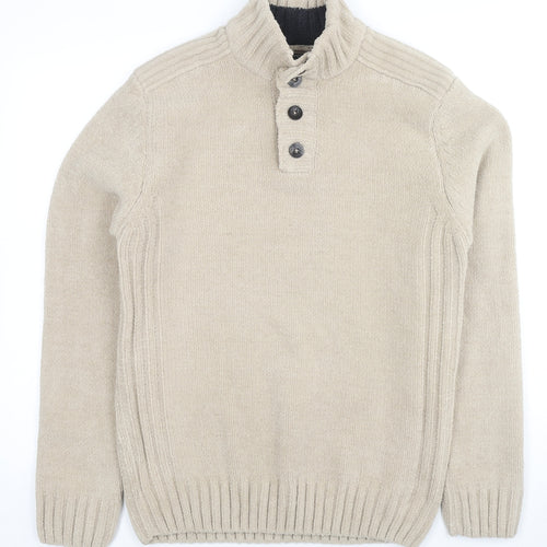 M&Co Mens Beige Collared Polyester Henley Jumper Size S Long Sleeve