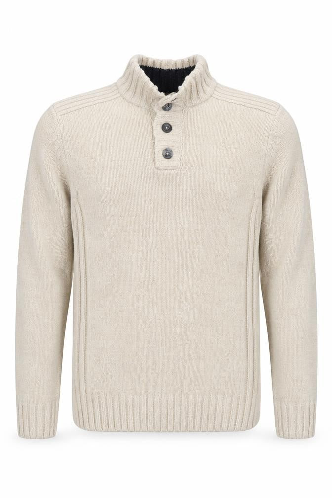 Front view of M&Co men’s beige collared polyester henley jumper, size S, long sleeve
