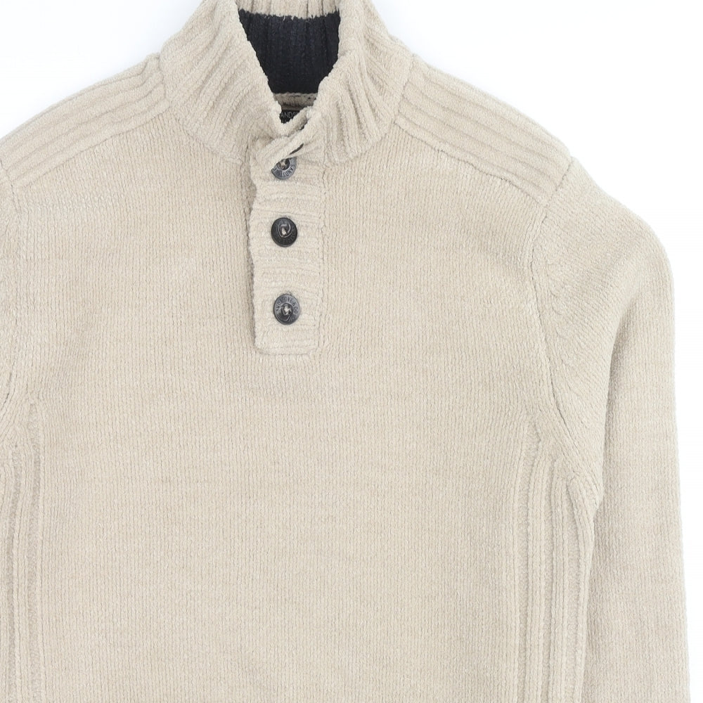 M&Co Mens Beige Collared Polyester Henley Jumper Size S Long Sleeve