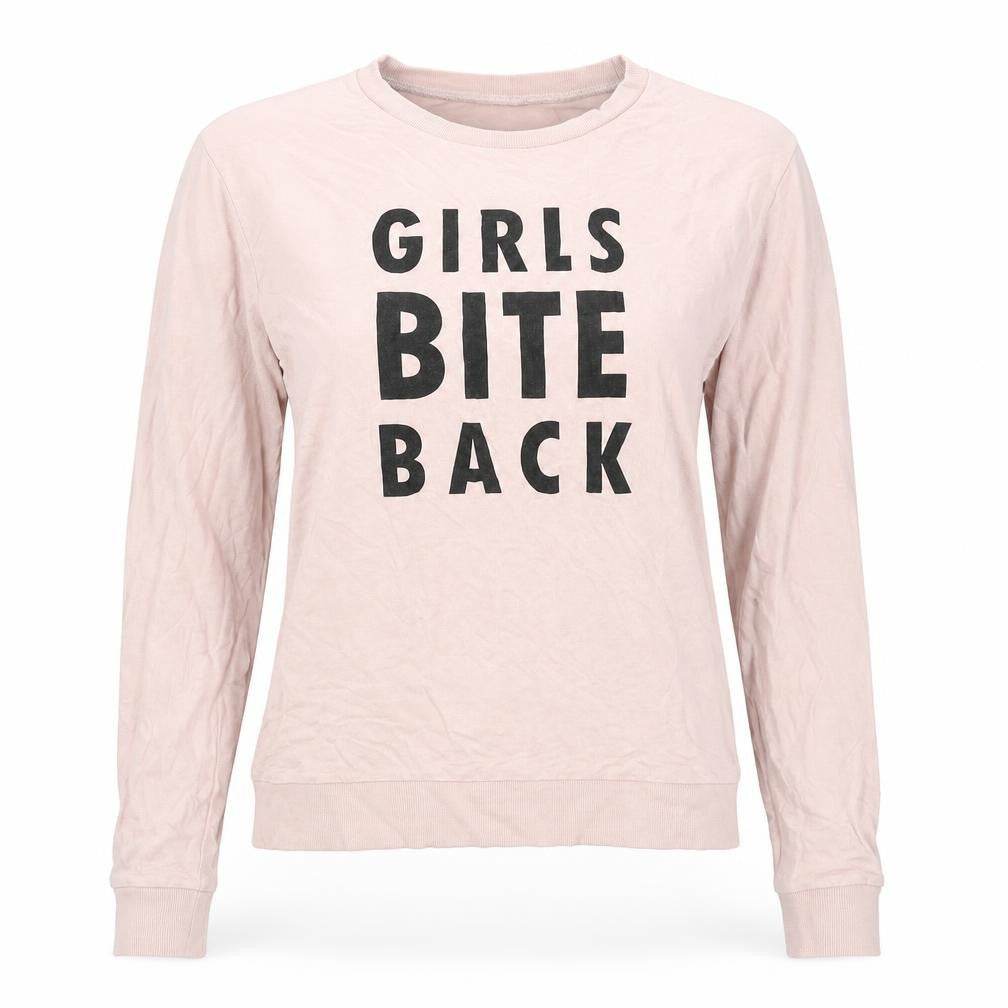 Front view of H&M women’s beige cotton pullover sweatshirt, size S, pullover - girls bite back