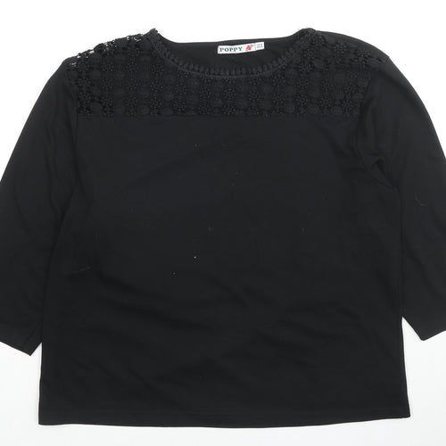 Poppy Womens Black Polyester Basic T-Shirt Size 10 Round Neck - Lace detail