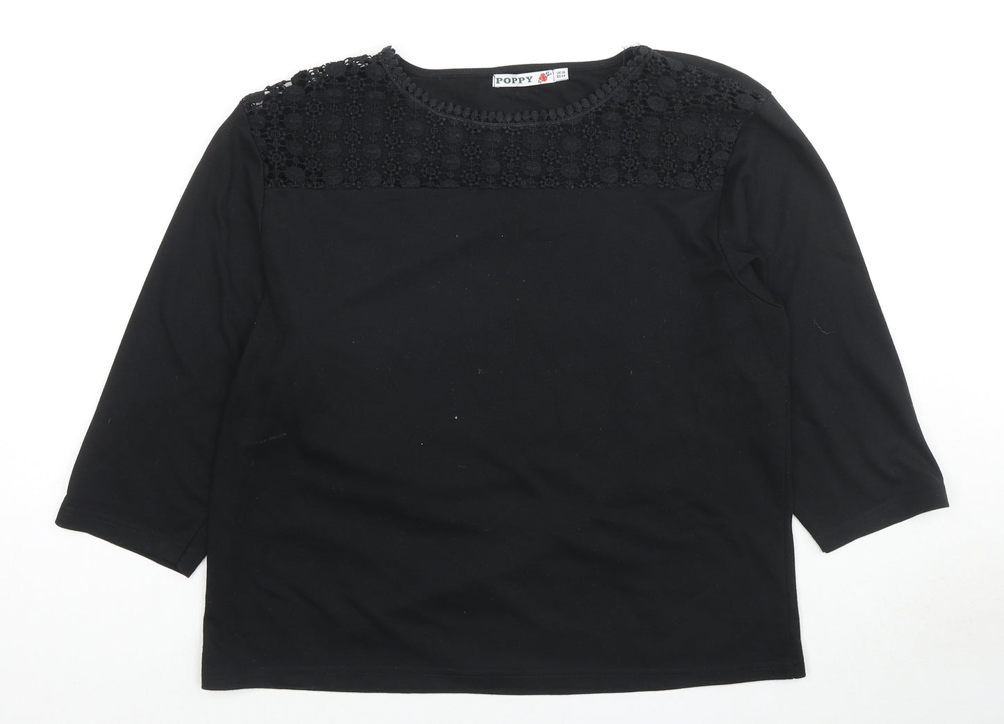 Poppy Womens Black Polyester Basic T-Shirt Size 10 Round Neck - Lace detail