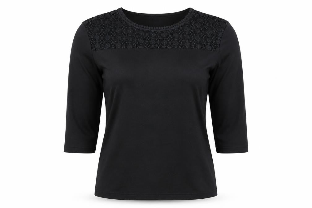 Front view of Poppy women’s black polyester basic t-shirt, size UK 10, round neck - lace detail